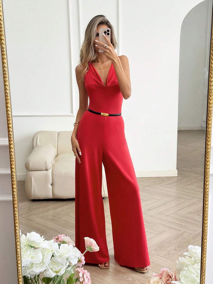 Easowa 红色无袖垂领女士连体裤，适合情人节装扮和婚礼宾客着装，春夏款 - 紅色 - 查看 1