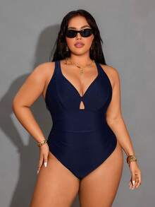 Shapewave Áo tắm liền thân hở lưng màu trơn cỡ lớn - Màu xanh hải quân - Xem 5