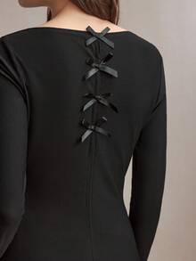 BizChic 2026 Spring New Black Backless Bow Hollow Design Off-Shoulder Fashionable Minimalist Daily Wear, Layerable, Versatile Women T-Shirt Knit Top, Chic, Elegant For Party, Urban Commute, Workplace