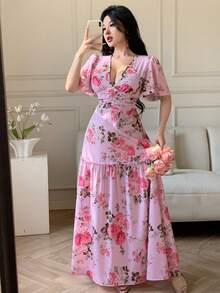 GlowEve 印花V领收腰A字中长连衣裙，优雅度假之选 - 彩色 - 查看 7