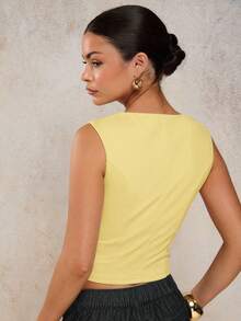 COSMINA Women's Solid Color Notched Neck Fitted Elegant Tank Top - Light Yellow - View 2