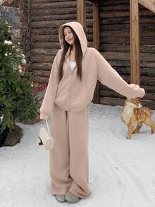 DAZY Bộ 2 áo nỉ đính sequin cho nữ, bộ đồ mặc nhà mùa thu/đông cho nữ. - Màu Khaki - Xem 4