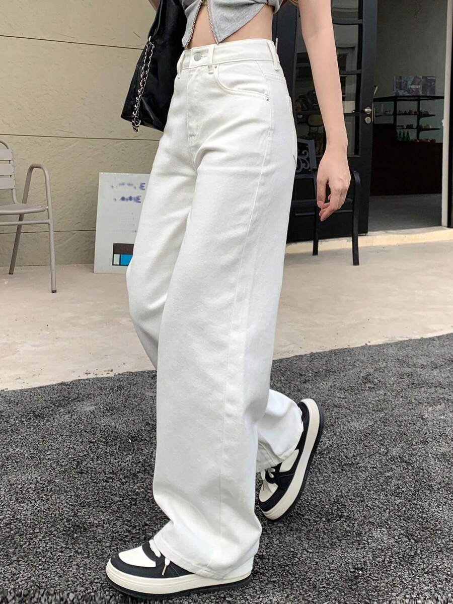 DAZY Calça Denim Coreana Casual de Perna Larga Solta com Bolso, Cor Sólida - Branco - Visão 1