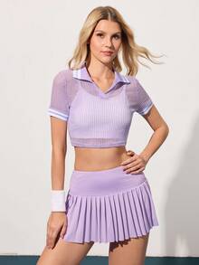 CourtClass Contrast Stripe Hollow-Out Knit Cropped Tennis Top - Purple - View 7