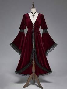 ROMWE SpringGothic Elegant Palace Style Deep V-Neck High Slit Oversized Bell Sleeve Lace & Velvet Patchwork Fitted Jacket - Burgundy - View 1