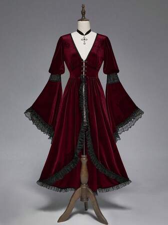 Gothic Elegant Palace Style Deep V-Neck High Slit Oversized Bell Sleeve Lace & Velvet Patchwork Fitted Jacket