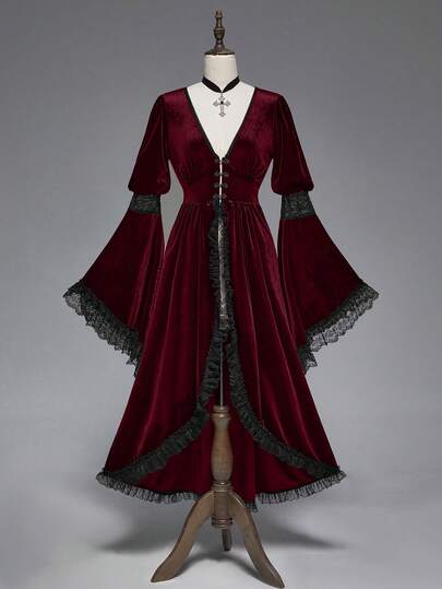 Goth Gotischer eleganter Palast-Stil tiefer V-Ausschnitt, hoher Schlitz, Oversized Glockenärmel, Spitzen- und Samt-Patchwork, anliegende Jacke