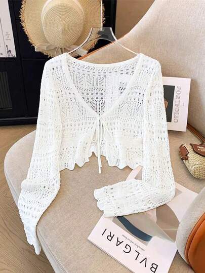 Franclia Nuevo cárdigan de ganchillo de encaje hueco de unicolor, suéter de punto ligero y versátil para mujeres