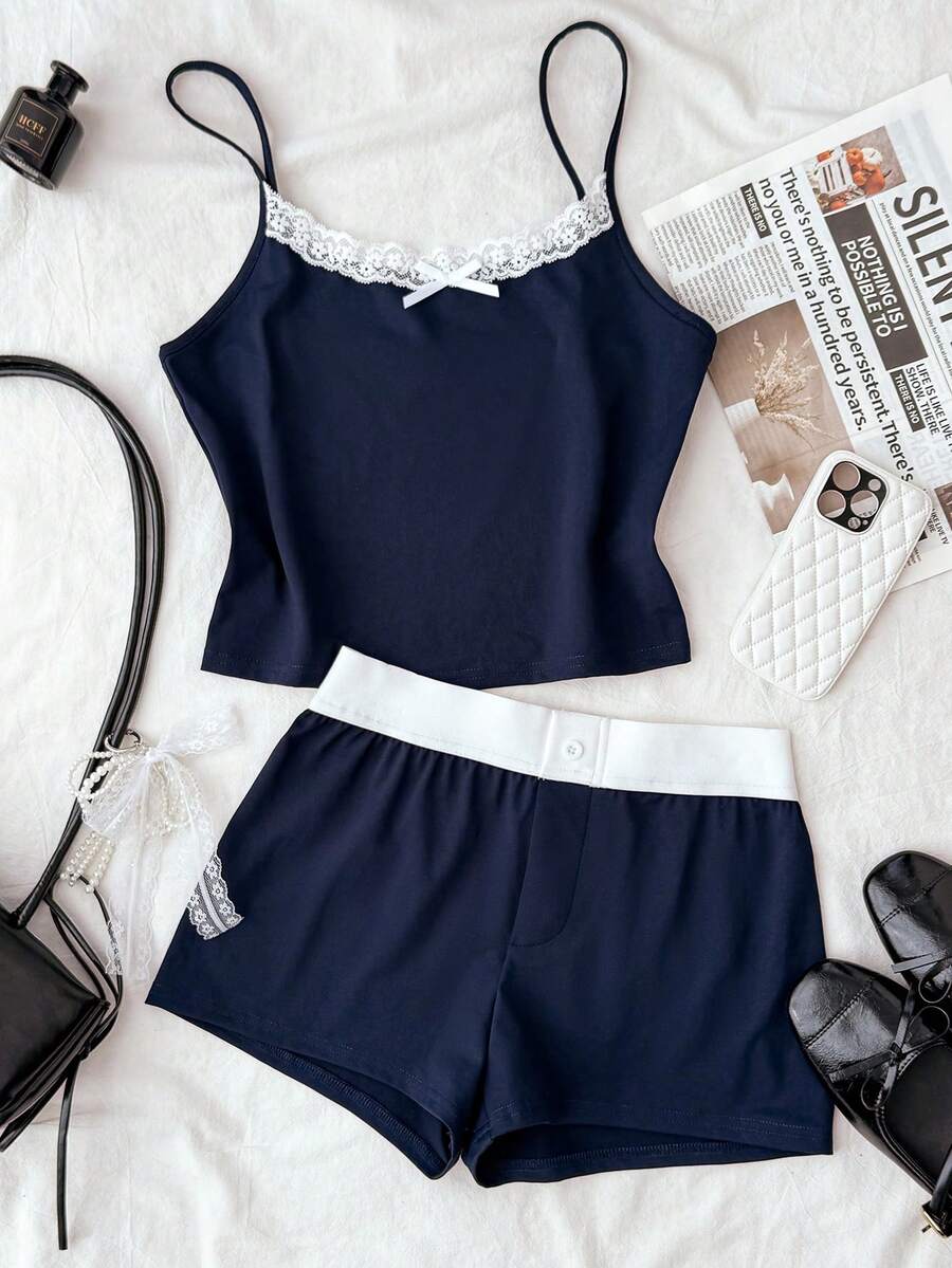 Teen Girls' Navy Blue & White Lace Trim Camisole Top And Shorts 2 Pieces Pajama Set, Spring/Summer - Royal Blue - View 1