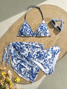 SHEIN 少女三件套蓝色碎花比基尼套装，细肩带，适合海滩度假游泳，春夏款 - 藍色 - 查看 3
