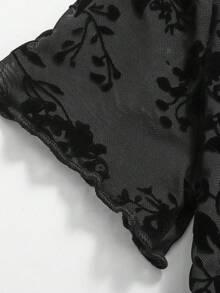 Girlism Tween Girls Black Knit Floral Print Flocked Mesh Vacation Casual Elegant Camisole 2-Piece Set With Cropped Top T-Shirt - Black - View 5