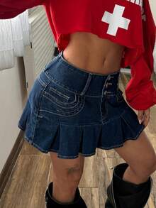 StreetHx 女士休闲牛仔半身裙，斜插口袋，褶裥裙摆，夏季 - 深色水洗藍 - 查看 7