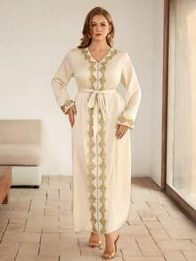 Roveilla Vestido de manga larga con cuello en V, cintura con lazo y puños con volantes, estilo patchwork, talla grande, estilo de Oriente Medio - Albaricoque - Ver 5