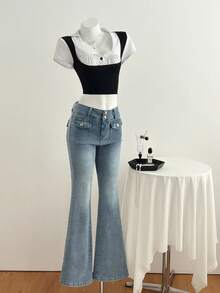 Elamini 女士口袋纽扣休闲百搭通勤喇叭牛仔裤