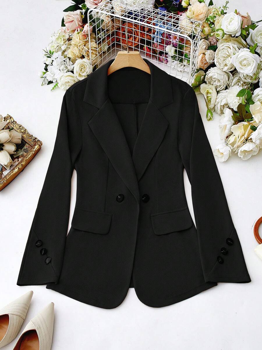 EMERY ROSE Solid Double Button Lapel Neck Blazer For Spring And Autumn Fall Cloth For Women - Black - View 1