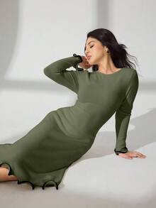 Modelyn Autumn/Winter Sexy Ruffle Hem Ribbed Knit Long Sleeve Bodycon Dress - Green - View 6
