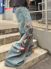 ROMWE MEN Men's Loose Fit Wide Leg Dragon Embroidery Pattern Jeans - White - View 4
