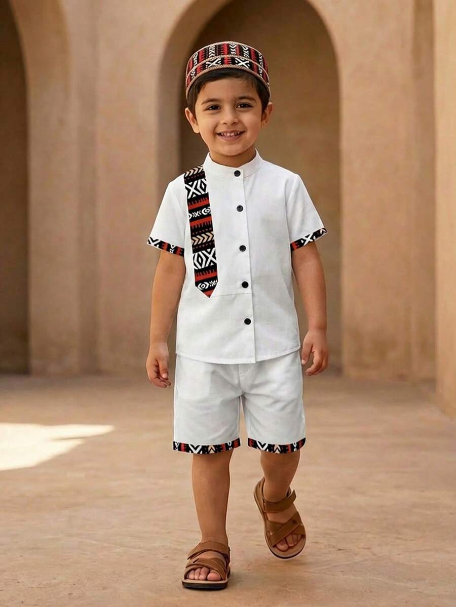 2pcs/Set Young Boy Casual Shirt + Shorts, Suitable For Summer - White - View 1