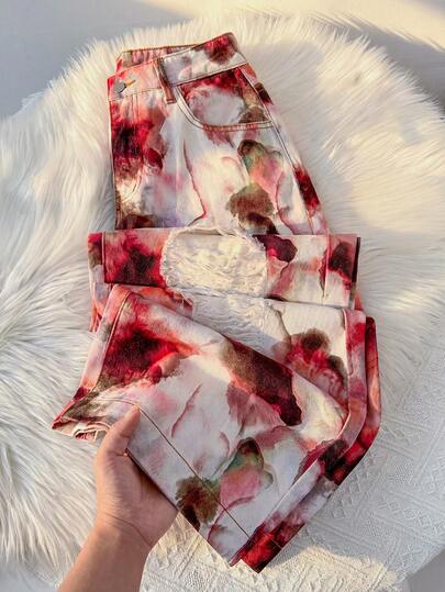 SHEIN MOD 女士时尚休闲碎花做旧宽松牛仔裤