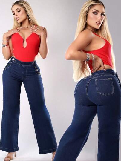 Vaqueros pantalón de brillos anchos ropa casual femenina lavada con agua minimalista cintura alta recto pantalones vaqueros de piernas anchas