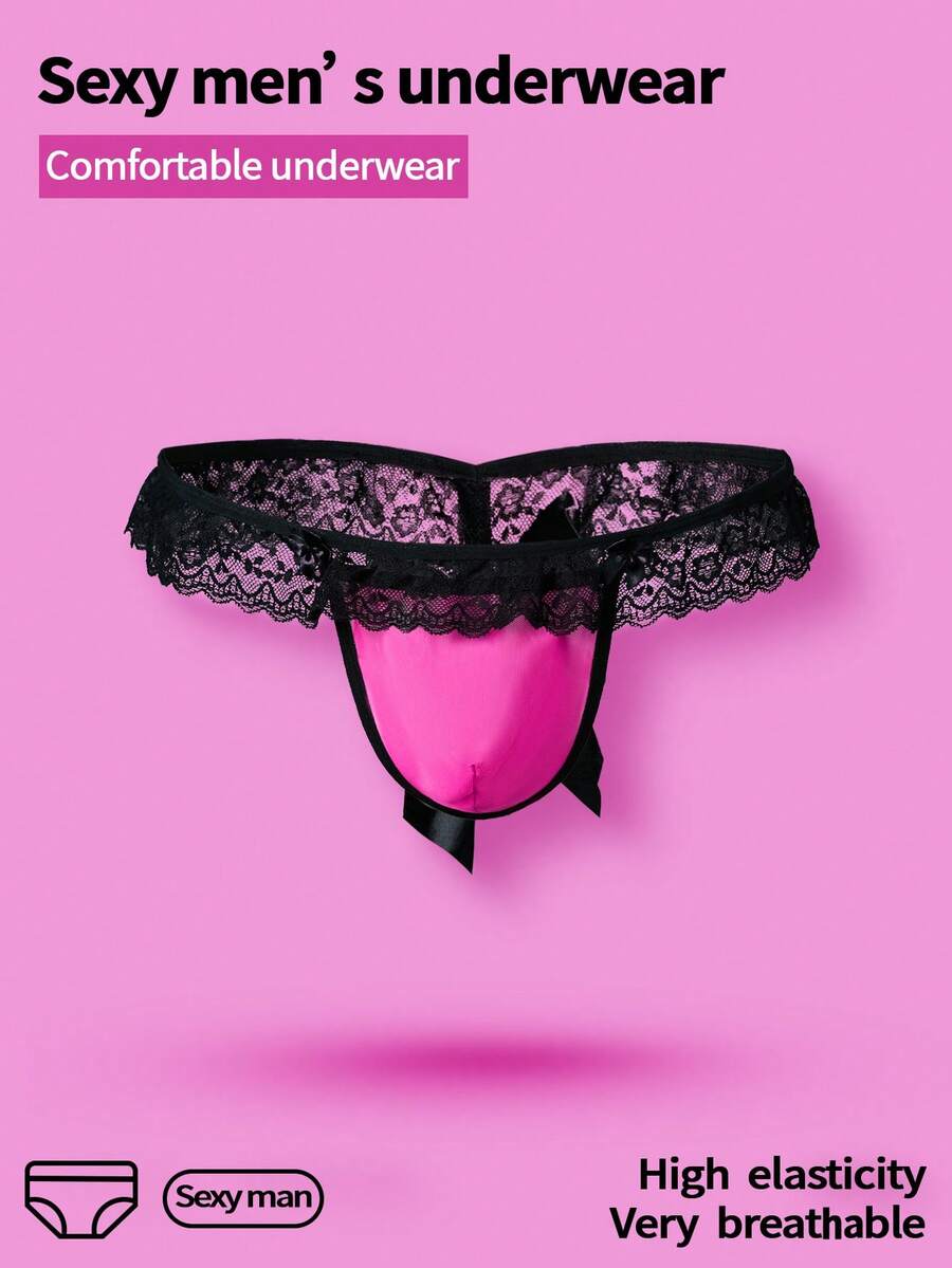 WENEZON Calzoncillos sexy para hombres con parches de encaje de color contrastante y decoración de moño - Rosa Fucsia - Ver 1