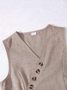 Reset Phase 2件套少女休闲卡其色无袖翻领单排扣马甲+阔腿裤套装，适合上学、活动、比赛、家庭聚会等场合。 - 卡其色 - 查看 2