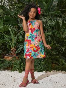 SHEIN 少女度假休闲雪纺碎花吊带连衣裙 - 彩色 - 查看 3