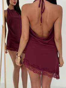 Aloruh 女士优雅加长蕾丝拼接吊带上衣 - 棕色 - 查看 6