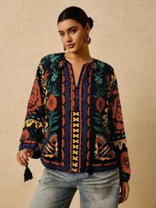 Travachic 加大码女式黑色热带植物印花长袖衬衫，V领流苏抽绳图案上衣，适合春夏假期海滩休闲穿着。 - 彩色 - 查看 3