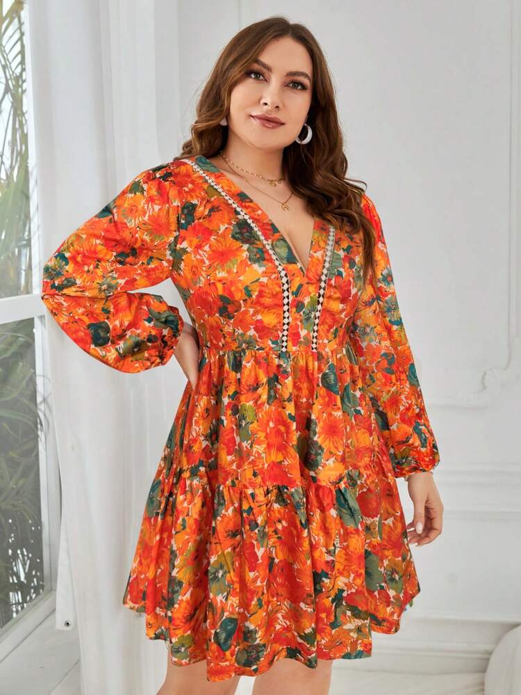 SHEIN VCAY Vestido de moda con estampado floral, diseño de retorcido y mangas farol para mujer de talla grande - Multicolor - Añade 5