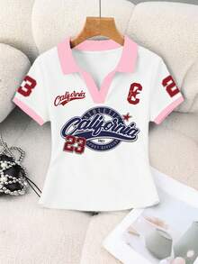 Rovax Blusa casual versátil de manga corta con estampado de letras para mujer - Blanco - Ver 3