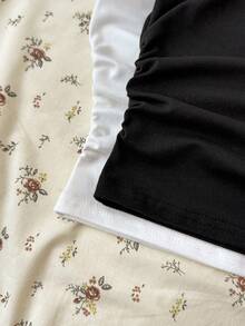 SHEIN 2pcs/Set Teen Girls Black & White Knit Casual Ruched Asymmetric Shoulder Fitted Cropped Versatile Tops - Black and White - View 5