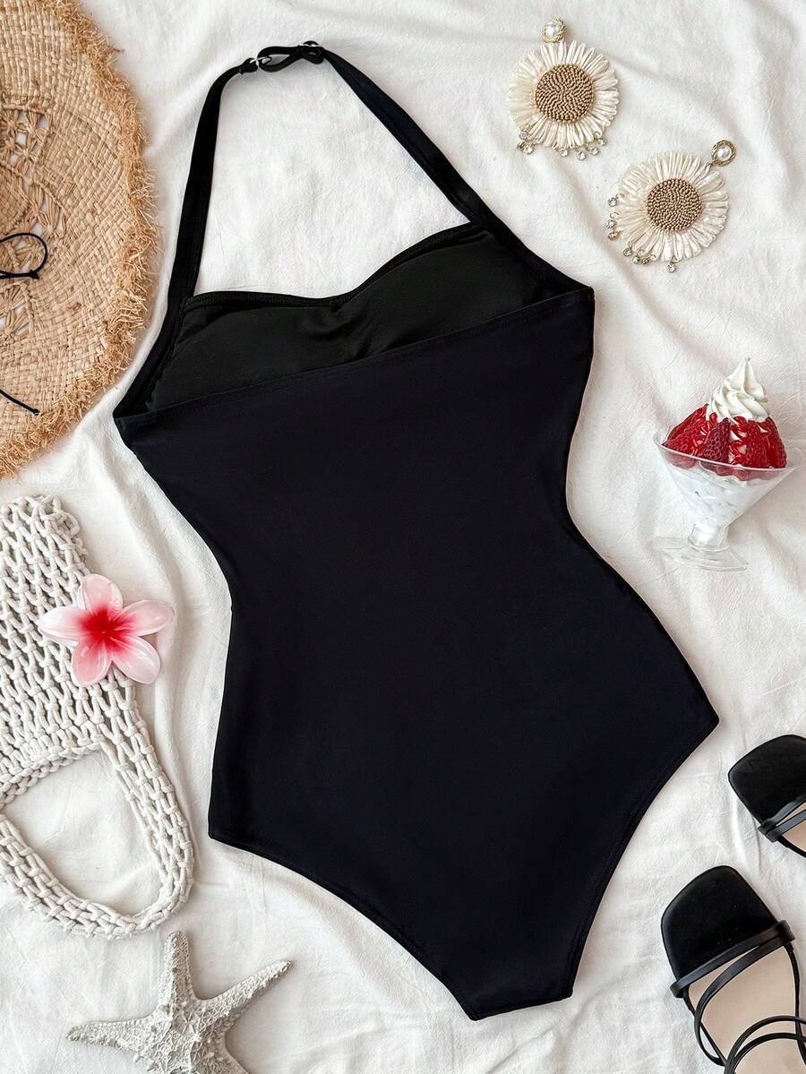 SHEIN 少女黑色露背褶皱连体泳衣，适合海滩、度假、冲浪 - 黑色 - 查看 1