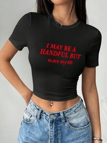 Rovax Plus Size Women Slogan Print Cropped Casual Everyday Short Sleeve T-Shirt - Black - View 3