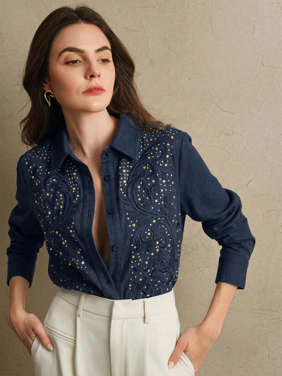 Anewsta Women's Linen Embroidered Long Sleeve Blouse, Elegant Vacation Shirt Top In Navy Blue, Indigo Blue, Gold With Rhinestones, Spring/Summer - Royal Blue - View 1