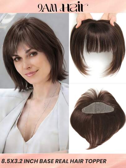 10inch Hair Toppers For Women Real Human Hair Toppers With Bangs 100% Human Hair Toppers For Thinning Hair, 3.2*8.5" Base Hair Topper Hair Pieces