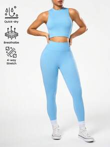 Seamluxe SHEIN Sport Bộ đồ thể thao nữ màu trơn cổ tròn gồm áo tank top và quần legging ngắn tay. - Màu xanh nhạt - Xem 2