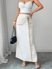 SHEIN Elenzya 2026新款女士优雅缎面高腰褶皱荷叶边开衩长裙，适合20-35岁以上女性，假日及日常百搭，春夏款 - 杏色 - 查看 4