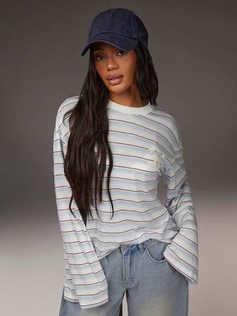 Athîral Women's Casual Everyday Commute Colorblock Striped Number & Bow Print Loose Drop Shoulder T-Shirt, Spring/Autumn