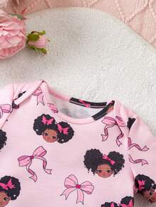 SHEIN 新生女宝宝可爱卡通图案粉色短袖睡衣套装，夏季 - 粉色 - 查看 4