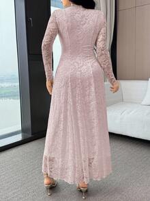 Feyla Women's Floral Lace Patchwork Pleated Hem Elegant Dress - Pink - View 2