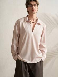 Airaco Men's Striped Turndown Collar Long Sleeve Casual Commuter Shirt - Apricot - View 8