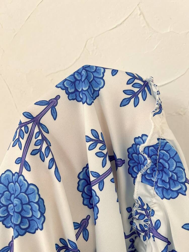 Vestido Floral com Babado na Barra e Manga Balão Solto para Mulheres Plus Size, Estilo de Férias