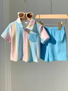 SHEIN 2件套幼儿男童春夏休闲条纹短袖衬衫和短裤套装，度假风穿搭 - 藍色 - 查看 6