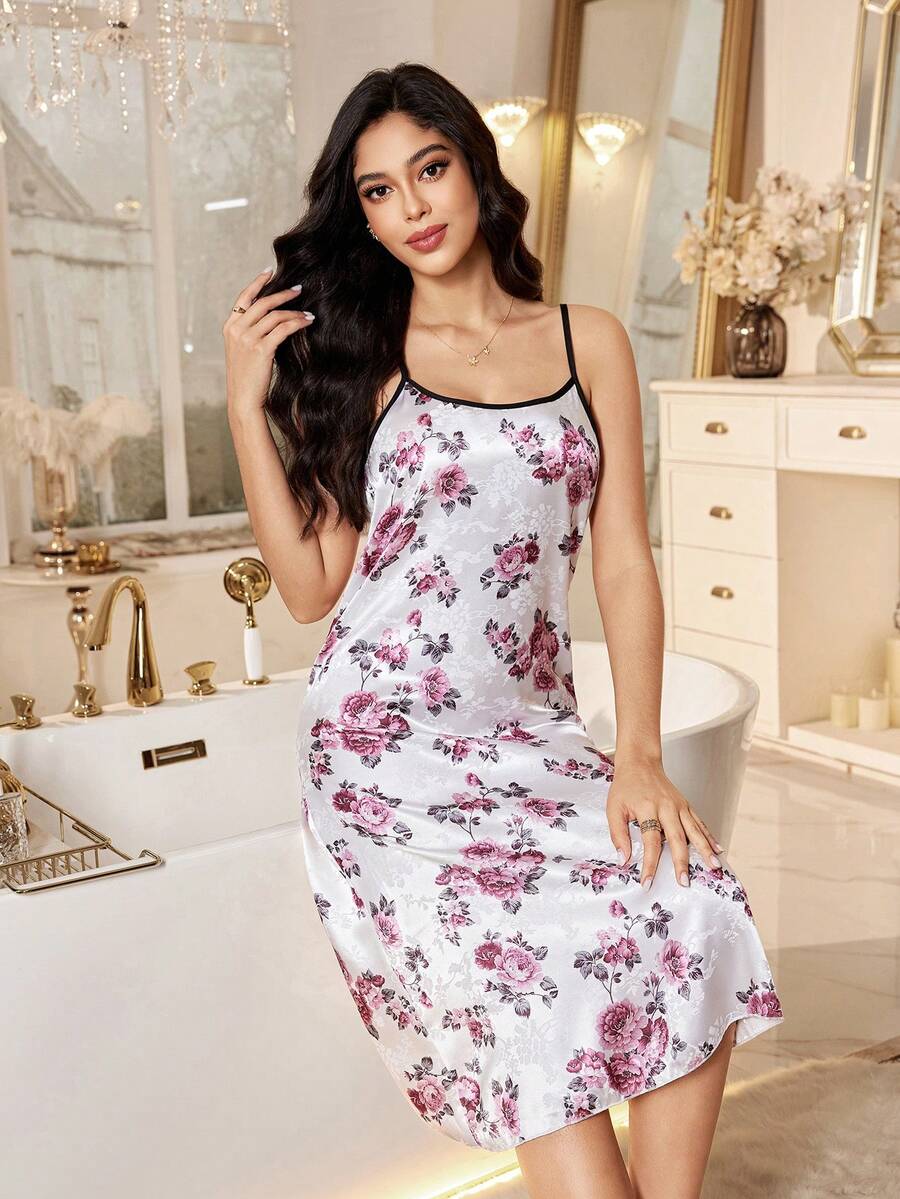 SHEIN 女士优雅提花花卉吊带睡裙 - 白色 - 查看 1