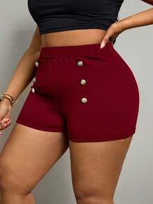 SHEIN PETITE CURVE Pantalones cortos de talla grande con cintura alta y detalles de botones para el verano - Burdeos - Ver 5