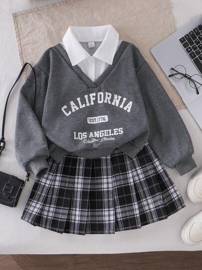 SHEIN Explorewe 女童时尚宽松休闲翻领上衣 + 条纹格纹百搭A字裙，学院风