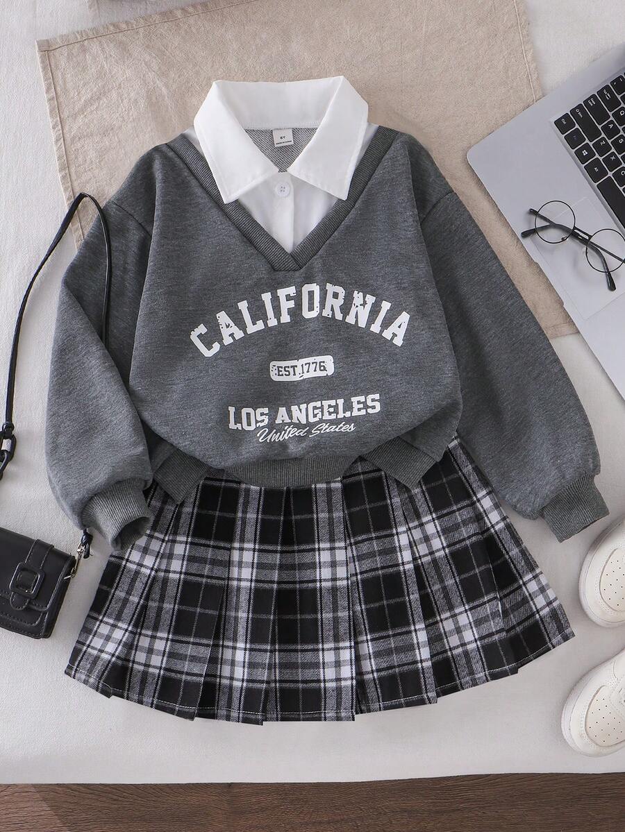 SHEIN 女童时尚宽松休闲翻领上衣 + 条纹格纹百搭A字裙，学院风 - 灰色 - 查看 1
