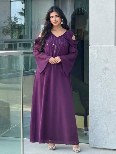 Al Najma 女士雪纺V领露肩喇叭袖水钻装饰连衣裙