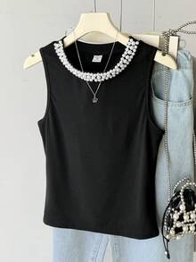 SHEIN Teen Girls Elegant Faux Pearl Beaded Round Neck Tank Top, Summer - Black - View 5